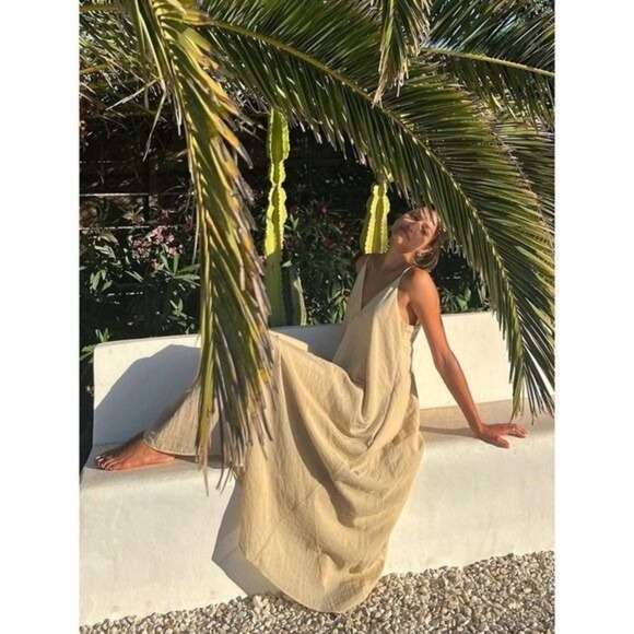 Commense Double Layers V-neck Long Dress color Apricot size S - Picture 3 of 15